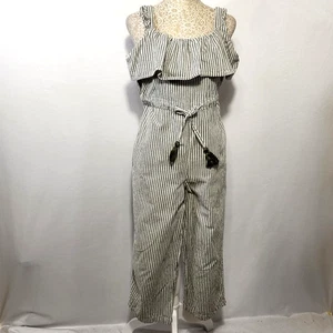 Zara Women SZ XS Jumpsuit Gray Stripe Ruffle Tassel Tie Strappy Wide Leg Pockets - Picture 1 of 12