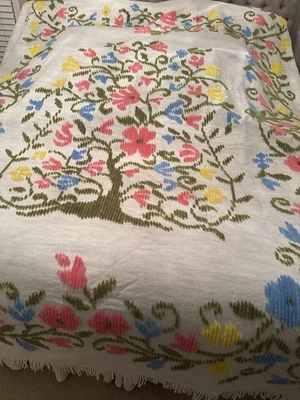Vintage Crewel Embroidered Coverlet Bedspread Vibrant Tree Of Life Full Queen - Image 1 of 4