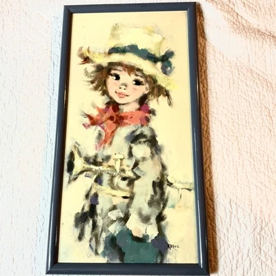 Pintura a óleo original retrato de menina de olhos grandes modernista Korus vintage anos 70 - Imagem 1 de 4