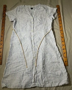 Talbots Kleid Damen Größe 16 Blau Weiß Leinen Eisenbahn Streifen Knopf V-Ausschnitt - Bild 1 von 13