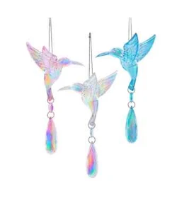 KURT ADLER SET OF 3 ACRYLIC IRIDESCENT HUMMINGBIRD w/DROP XMAS ORNAMENTS J5075 - Picture 1 of 3