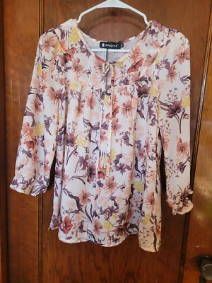 Allegra K Cream Floral Relaxed Fit 3/4 Sleeve Polyester Boho Blouse Size Medium - Image 1 of 4