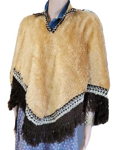 VTG 70'S Poncho Gold Faux Fur Brown Braid & Fringe Handmade SZ SM-M Boho Hippie  - Picture 1 of 12