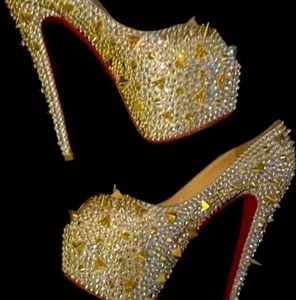 CHRISTIAN LOUBOUTIN POTPOURRI GOLD RING STRASS CRYSTAL PLATFORM PEEP-TOE SZ 36 - Picture 1 of 6
