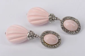 Vintage ZINI Pink Lucite Rhinestone Drop Earrings – Silver Tone Clip-On 2.15” - Picture 1 of 7