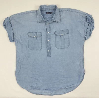Blusa Polo Ralph Lauren Mujer XL Azul Cambray 100% Lino Popover Preppy Playa Foto 1 de 4
