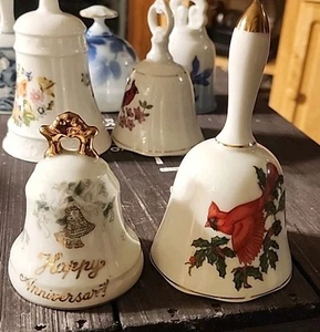 2 Vtg LEFTON Porcelain Bells Cardinal Holly Gold Trim #1069 & Happy Anniversary - Picture 1 of 11