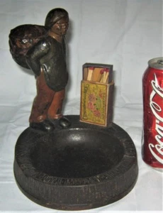 ANTIQUE US HUBLEY FRENCH PEASANT BOY BASKET CAST IRON ASHTRAY STAND MATCH HOLDER - Picture 1 of 12