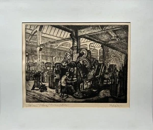 Radierung Friedrich Westphal 1937 Stanzen Fabrik Motorenwerk mit Arbeitern - Bild 1 von 7
