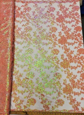 Iridescent Coral Floral Embroidery Nylon Crochet Mesh Prom Sequin Fabric "Kelly" - Image 1 of 4