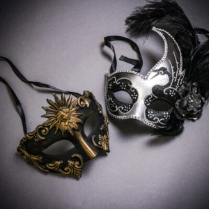 Black Gold Roman Greek Emperor & Silver Black Side Feather Glitter Couple Mask - Picture 1 of 6