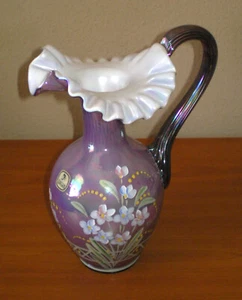 FENTON 1997 French Spiral PURPLE 90th Anniversary Pitcher Vase Painted & Signed - Picture 1 of 24