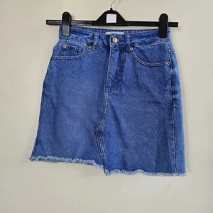 New Look Blue Denim Frayed Hem A-Line Summer Festival Style Min Skirt Size 6 - Picture 1 of 9