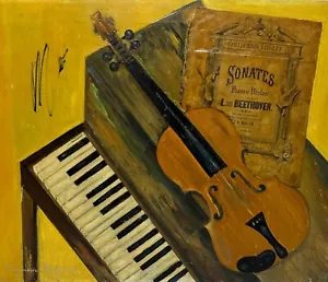 Dipinto olio vintage originale Dr. Seymour Bilfield firmato violino e pianoforte collage - Foto 1 di 10