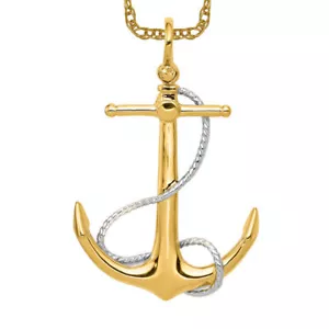 14K Solid Two Tone Gold Anchor Mariner Rope Necklace - Picture 1 of 12