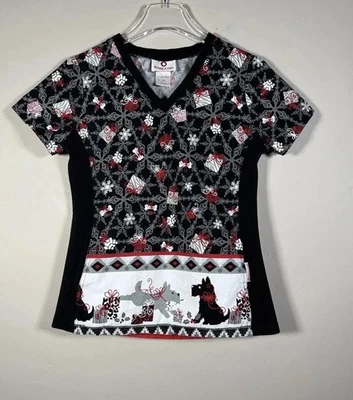 White Cross Christmas Scottie Dogs Scrub Top Womens XS Black Red Pockets Nursing - Image 1 of 4