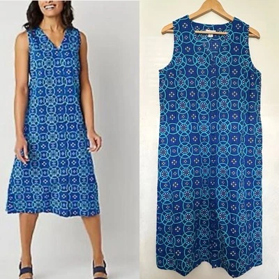 Vestido midi Liz Claiborne mezcla de lino para mujer talla mediana azul botón delantero sin mangas Foto 1 de 4