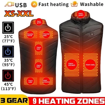 Men USB Electric Heated Vest Jacket 9 Zone Warm Up Heating Pad Cloth Body Warmer - Image 1 of 4