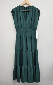 NWT Calvin Klein Gauze V-Neck Tiered Skirt Dress Women's Size 6 Smocked Green - Picture 1 of 13
