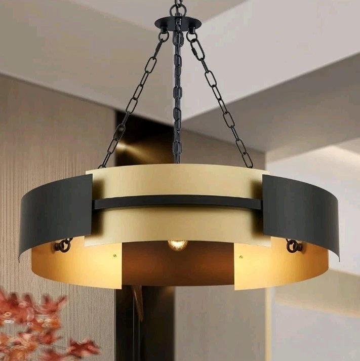 26-Inch Modern Chandelier Industrial Black and Gold Light Fixture Large Drum  - Image 1 of 4