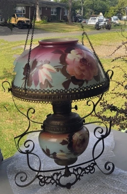 Антикварная ВИКТОРИАНСКАЯ ПОДВЕСНАЯ МАСЛЯНАЯ ЛАМПА ЛЮСТРА с ручной росписью ЧИТАЙТЕ - Изображение 1 из 4