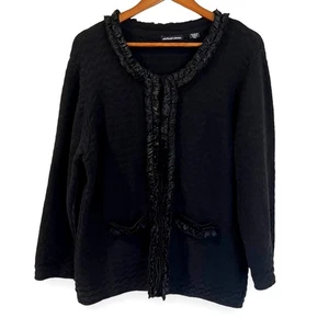 Michael Simon Damen Strickjacke einfarbig schwarz Satin Rüschen Gr. XL Baumwollmischung - Bild 1 von 10