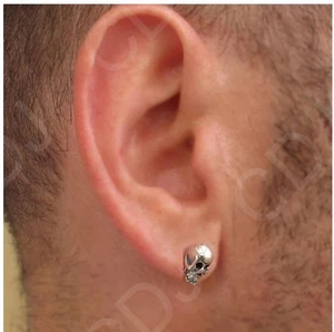 Trendy Halloween Gift For Men's Solid Metal Skull Stud White Gold Plated Silver - Picture 1 of 4