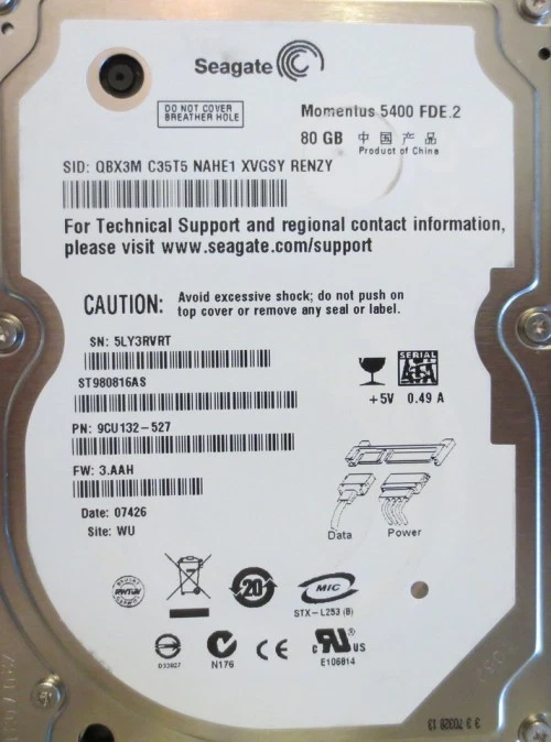 ST980816AS 9CU132-527 FW:3.AAH WU 2.5" 80gb Sata Laptop Drive - Image 1 of 1