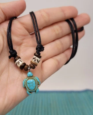 Turquoise Blue Sea Turtle Charm with Black Cord Choker Necklace Turquoise Turtle - Image 1 of 4