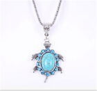 Vintage Tibetan Silver Blue Crystal Oval Turquoise Inlay Pendant Chain Necklace