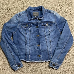 Alexander Jordan giacca jeans denim donna blu medio invecchiato camionista frange - Foto 1 di 14