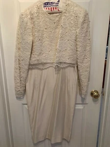 Vintage Ivory Formal Leslie Fay dress with Lace and Imitated Pearls Size 12 - Picture 1 of 11