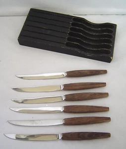 Sheffield England Stainless Steel Knives Set of 6 in Wood Holder Vintage - Picture 1 of 6