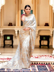 Indian Saree Bollywood Wedding Designer Pakistani Silk Sari Blouse Party Wear - Foto 1 di 3