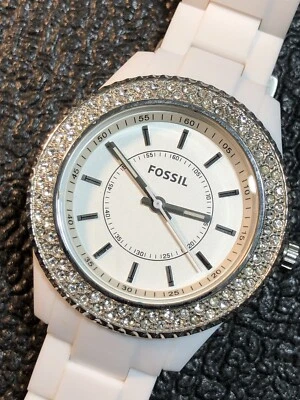 Fossil ES-2444 Ladies White Acrylic 'Stella' Watch Gemmed Pave Bezel Women - image 1 of 4