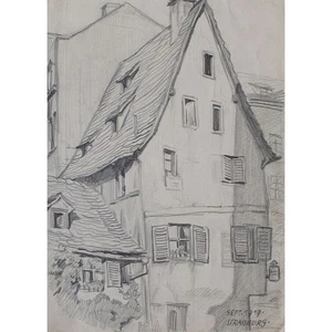 Uli Huber Häuser in Strassburg Historische Ansicht Graphitstift Zeichnung 1919 - Picture 1 of 5
