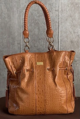Isabella Adams CarmelTan Leather Croc Embossed Braided Handled Tote Shoulder Bag - Image 1 of 4