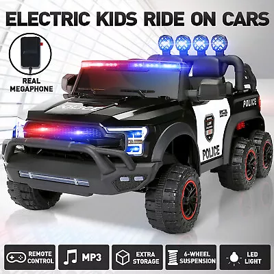 Electric 12V Battery Kids Ride On Police Car 6 Wheel Truck w/ RC, LED, Intercom - Image 1 of 4