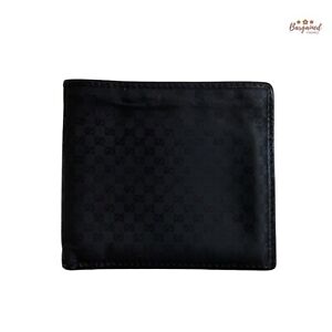 Authentic GUCCI Black Nylon Leather Micro-Guccissima GG Pattern Bifold Wallet
