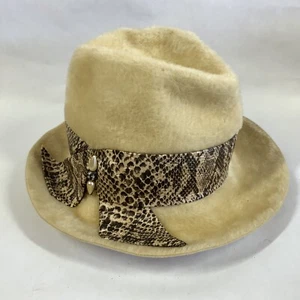 Vintage Faux Fur Hat Austria Ivory Snakeskin Bling Mob Wife Fedora Small - Picture 1 of 10