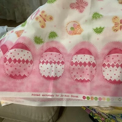 Jo-Ann EASTER EGGS BASKET BUTTERFLIES Glitter Accented BTY Border Fabric - Image 1 of 4