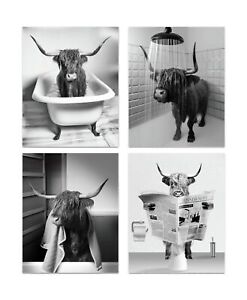 Funny Highland Cow Bathroom Wall Art Prints, Vintage Black and White Rustic S...