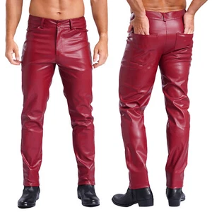 Mens PU Leather Pants Stretch Long Pants Night Club Motorcycle Tights Trousers - Picture 1 of 23