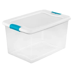 64 Qt Latching Storage Box Clear Base Stackable w/ One-Hand Easy-Open Hinged Lid - Picture 1 of 4