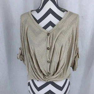 Self Crush Mira Rae Beige Waffle Dolman Roll Tab Sleeve Button Shirt Small USA - Picture 1 of 5