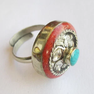 Tibetischer Ring Silber Türkis Rote Koralle Original Schmuck Verstellbar Rund R37 - Bild 1 von 7