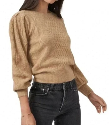 1. STATE Women’s Cable Knit Sweater Puff Sleeves Latte Heather NWOT Size XL  - Image 1 of 4