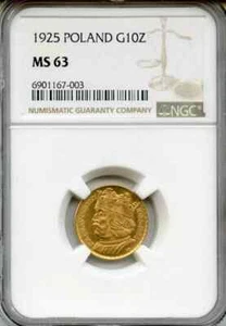 Poland 1925 Gold 10 Złotych coin, Boleslaus I the Brave, Uncirculated, NGC MS63 - Picture 1 of 2