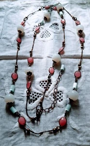 Vintage long bronzed necklace with pink, white, pale blue glass beads 40" long - Picture 1 of 4
