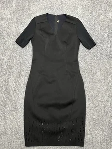 ELIE TAHARI Dress W Medium Black Sheath Embroidered Eyelet Midi Stretch Pencil V - Picture 1 of 8